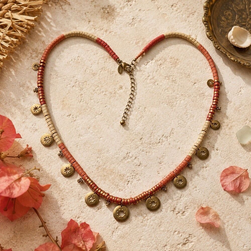 Chicos Pink Wood Bead Necklace Boho Gold Charm Statement Coastal Jewelry
